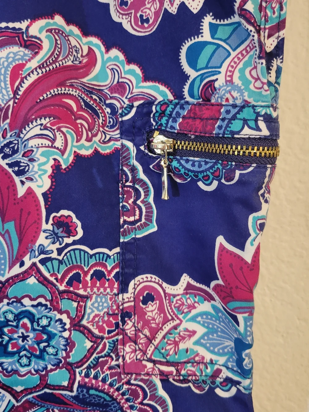 Chico's Navy Paisley Capri Pants with Pink & Light Blue Accents